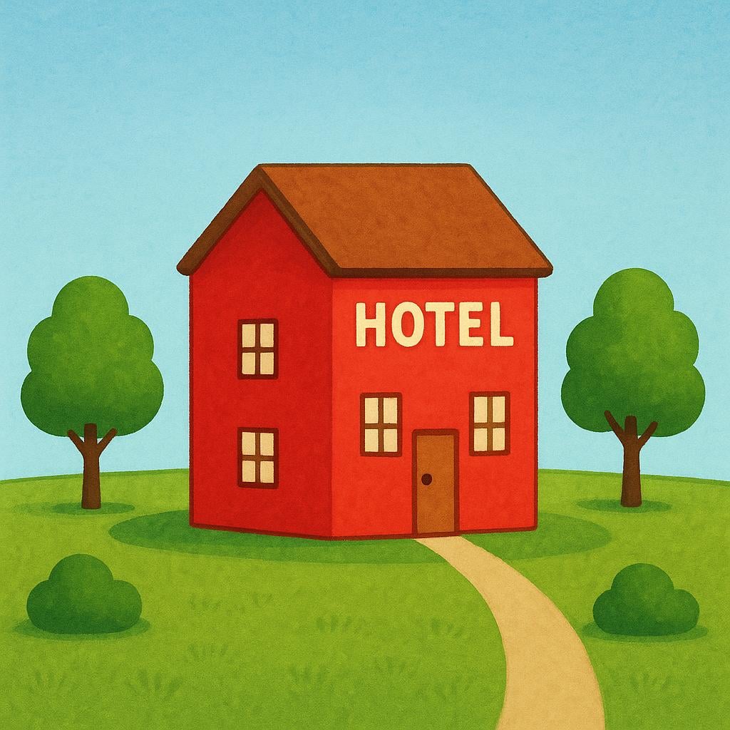 A simple, colorful image of a bright red hotel building clearly positioned exactly in the center of a grassy town square, emphasizing its physical location.