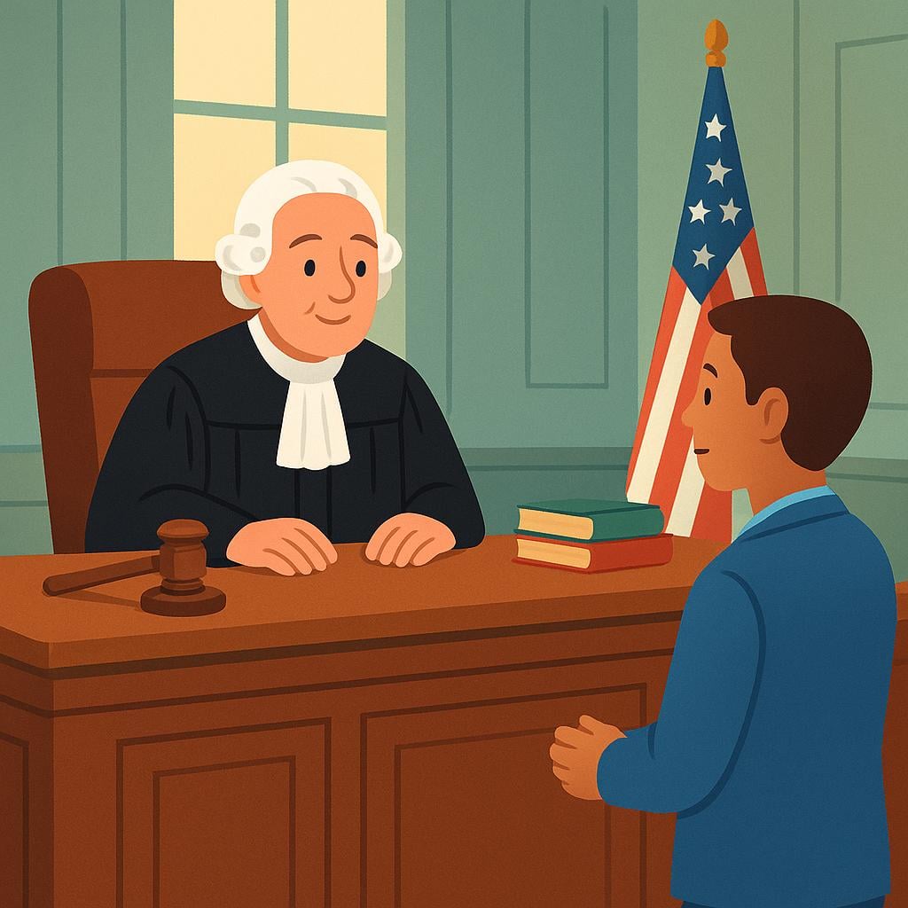 A judge seated at a high wooden bench in a courtroom, listening intently to a person standing below, representing a legal hearing.