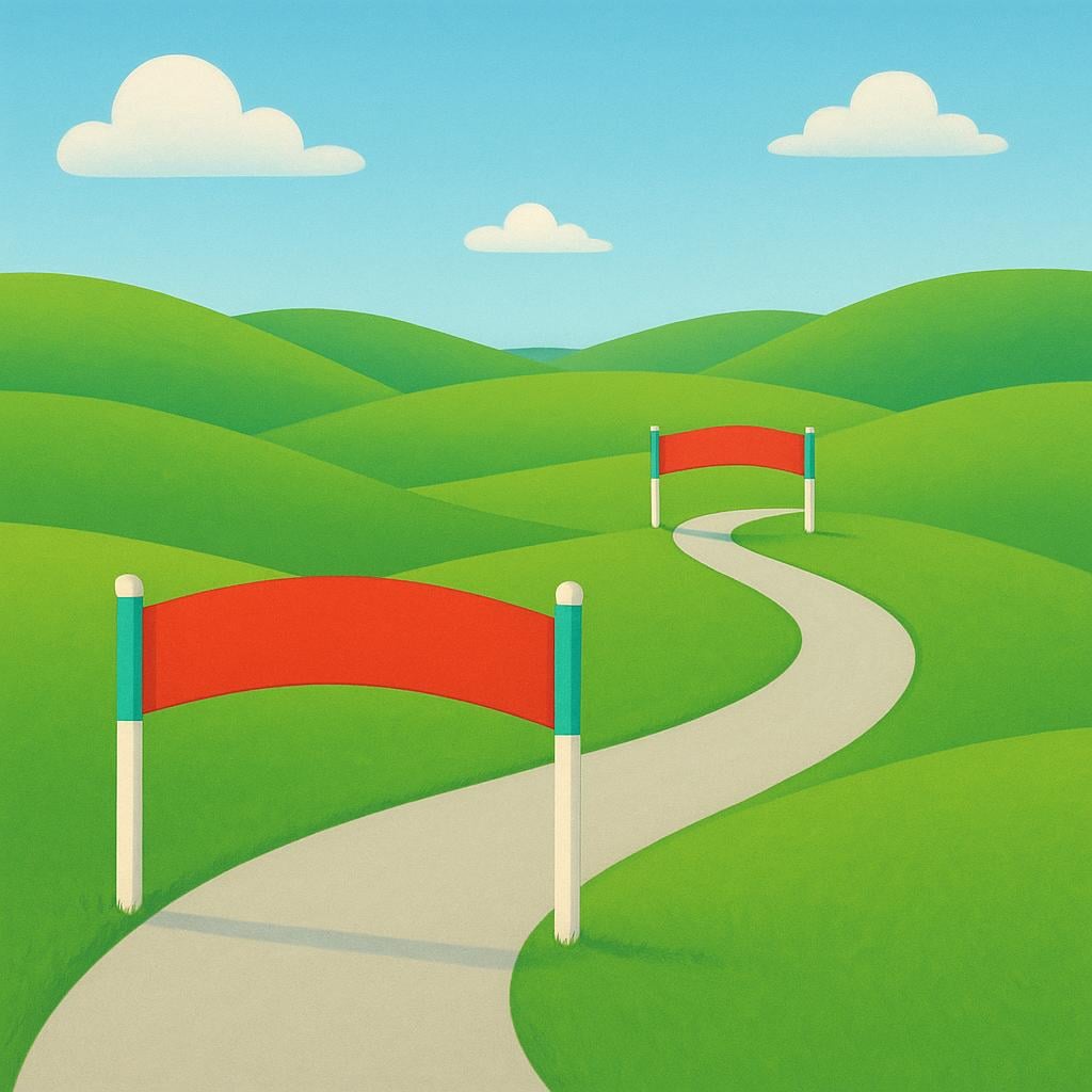 A segment of a road clearly marked by two sequential finish line banners, indicating a specific stage of a journey.
