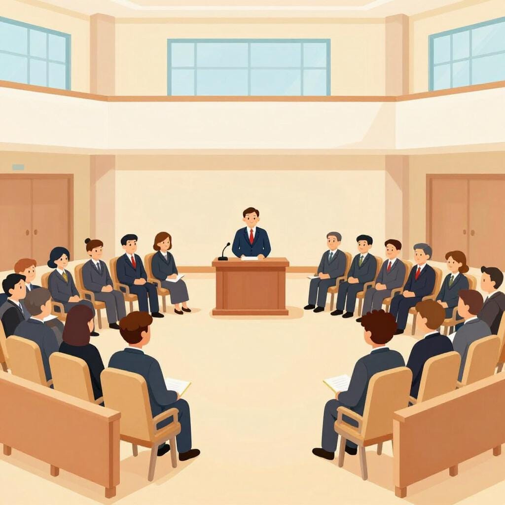 앞쪽에 나무 연단이 있는 웅장한 홀 안에 의자에 앉아 있는 많은 사람들.