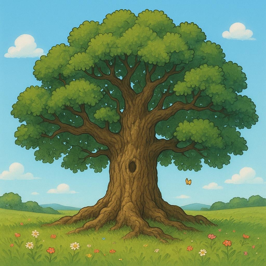 A majestic, large, ancient oak tree standing alone in a meadow, symbolizing a hundred years of growth and duration.