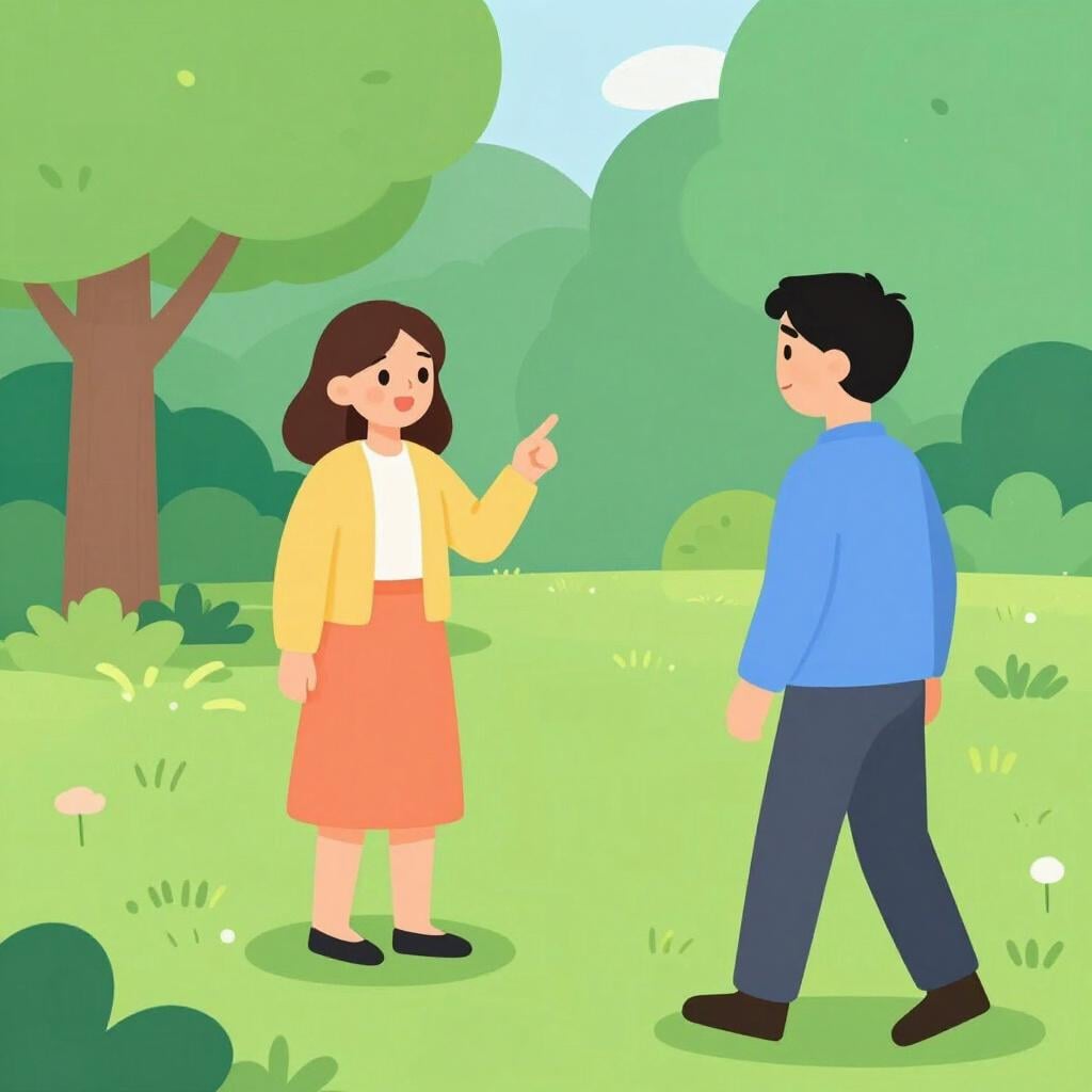 A woman in a park looking surprised and happy as she points toward a childhood friend she just spotted.