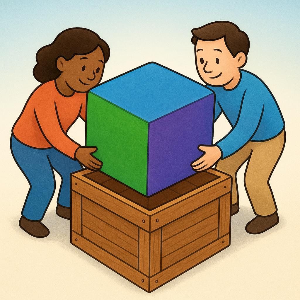 Two cartoon characters working together, lifting a brightly colored cube out of a simple brown wooden crate, illustrating physical removal.