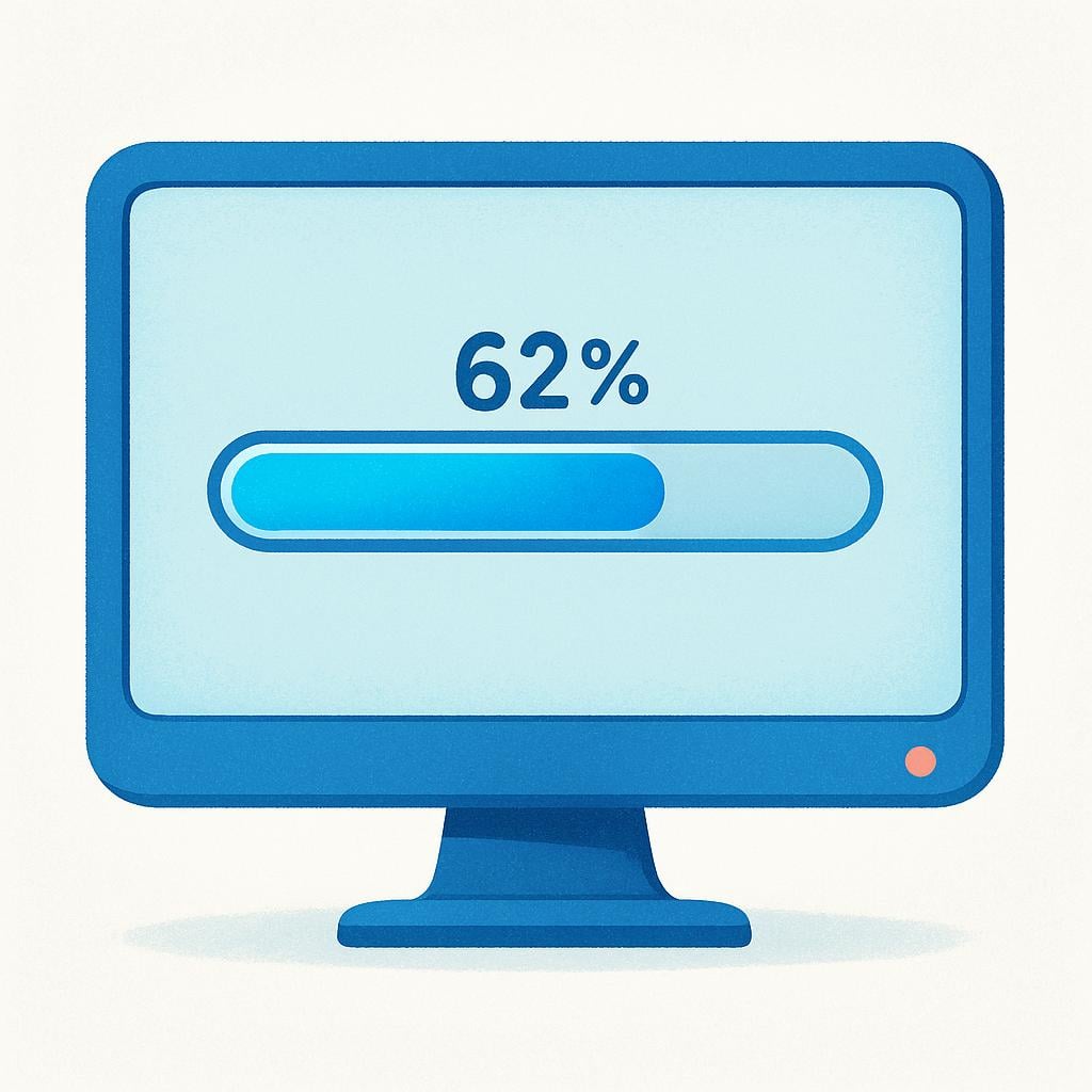 A stylized, simple computer monitor displaying a bright blue progress bar that is three-quarters full, symbolizing a file loading.
