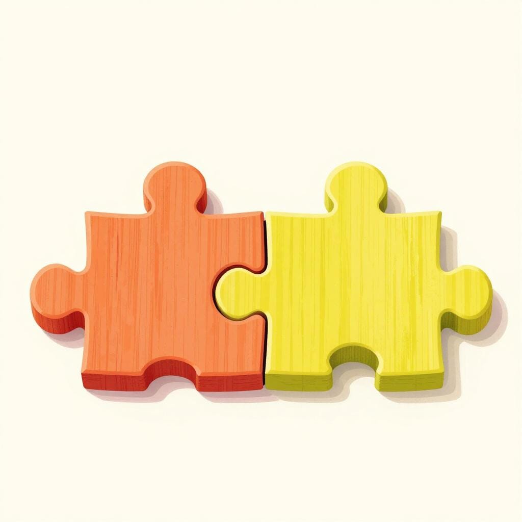 Two wooden puzzle pieces being joined together perfectly.