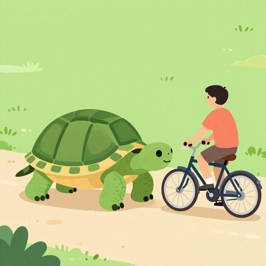 A large turtle slowly crossing a path in front of a person on a bicycle, forcing the cyclist to stop.