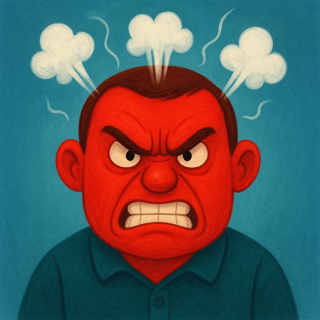 A cartoon character with a bright red face, clenched fists, and steam coming out of their head, symbolizing intense rage.