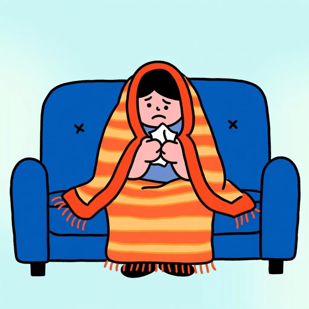 A figure wrapped in a blanket sitting on a sofa, holding a tissue and looking unwell, representing a temporary past state.