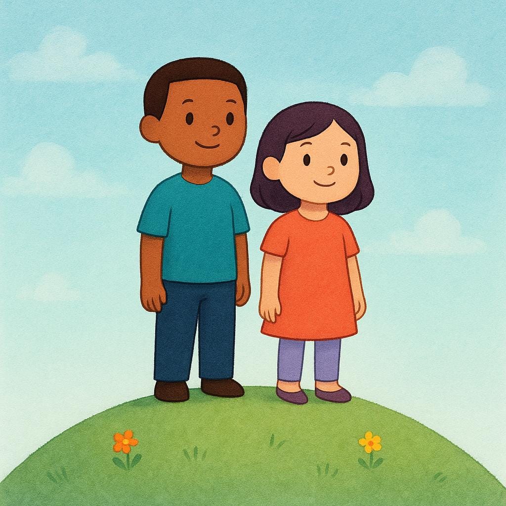 Due personaggi stilizzati in piedi sulla cima di una piccola collina erbosa, guardando con sicurezza verso l'orizzonte, a simboleggiare un vantaggio acquisito.