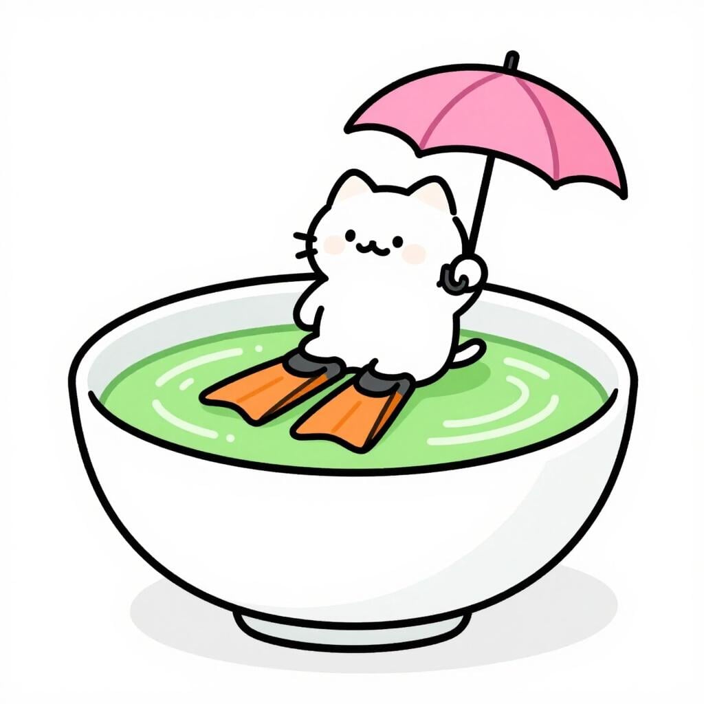 A colorful storybook illustration of a cat wearing large scuba flippers and holding a tiny umbrella while sitting in a bowl of soup.