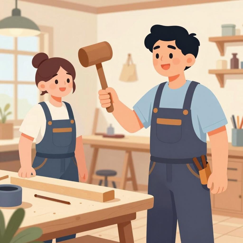 A person in a professional apron handing a tool to a primary worker in a workshop.