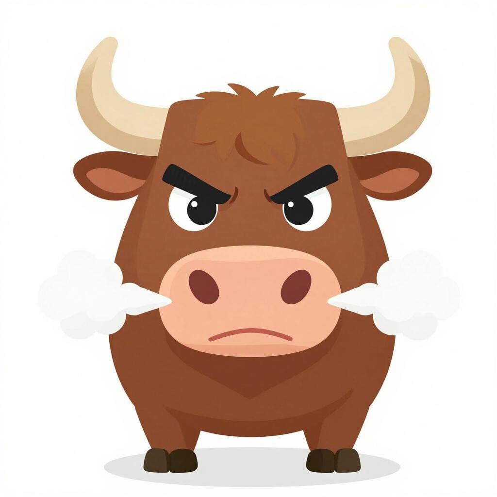 A cartoon bull with steam coming out of its nose looking very angry.