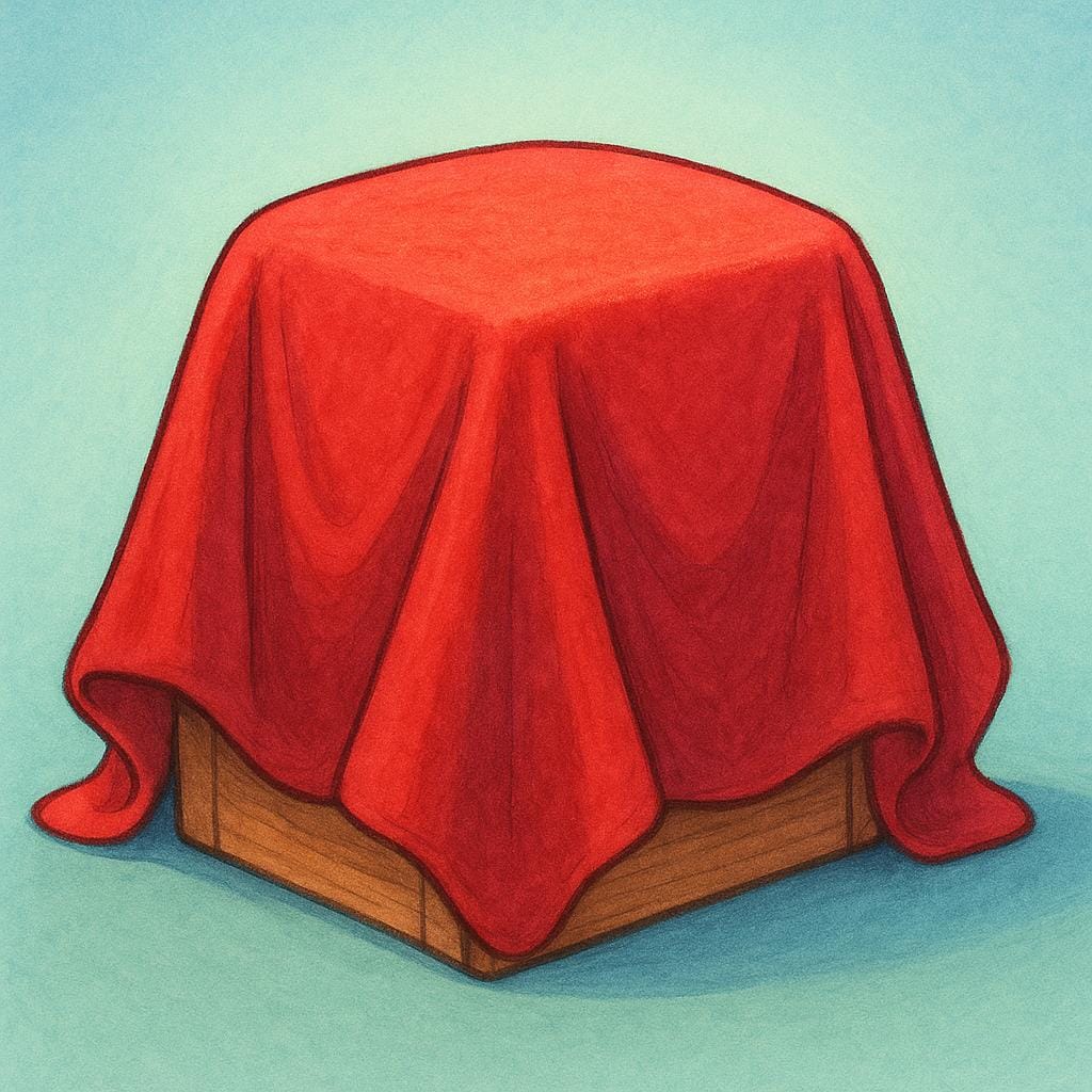 A small, simple wooden box is completely draped and concealed by a large, brightly colored red cloth.