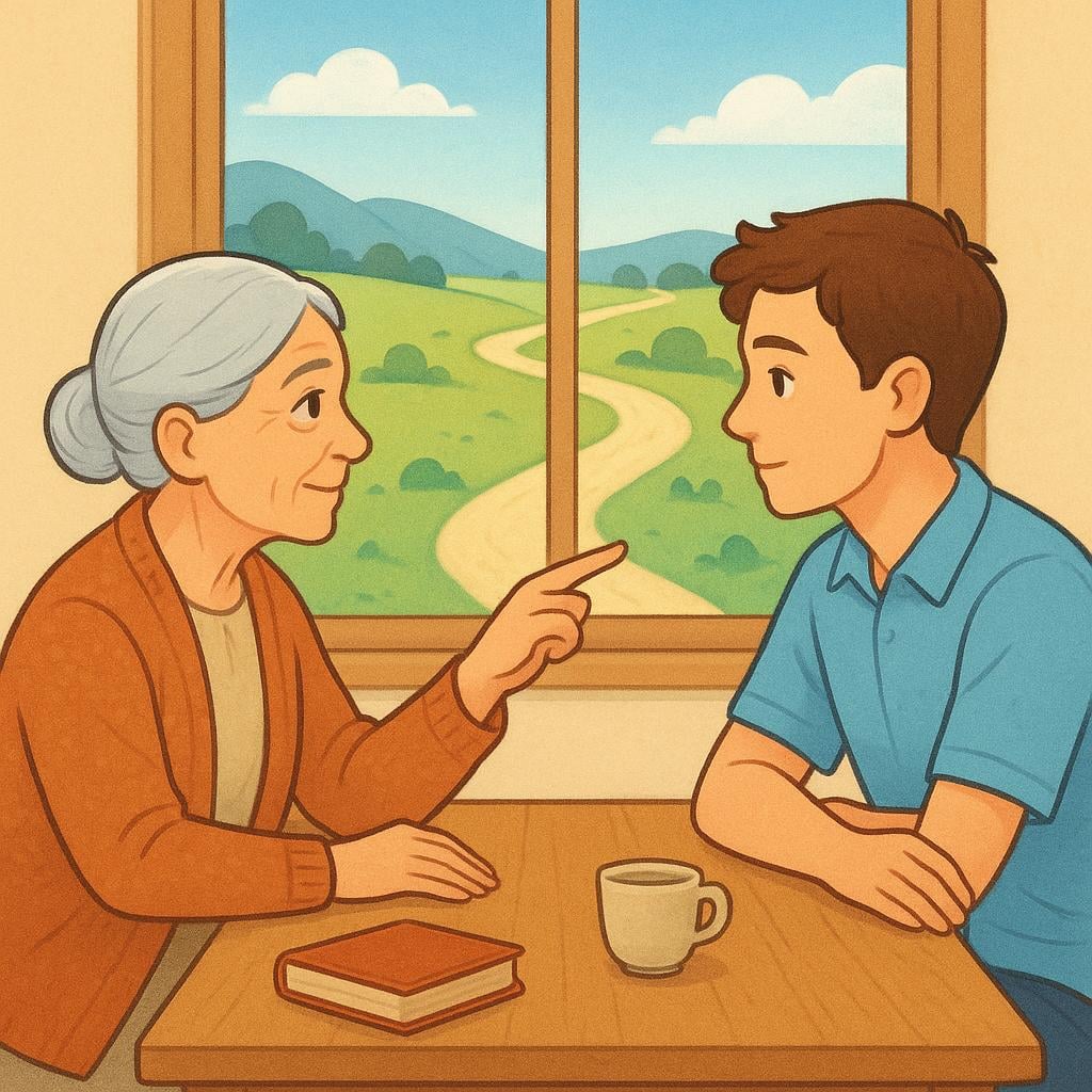 A wise older woman sitting across a small table from a young person, gently pointing toward a clear, bright path visible in the distance, symbolizing giving good advice.