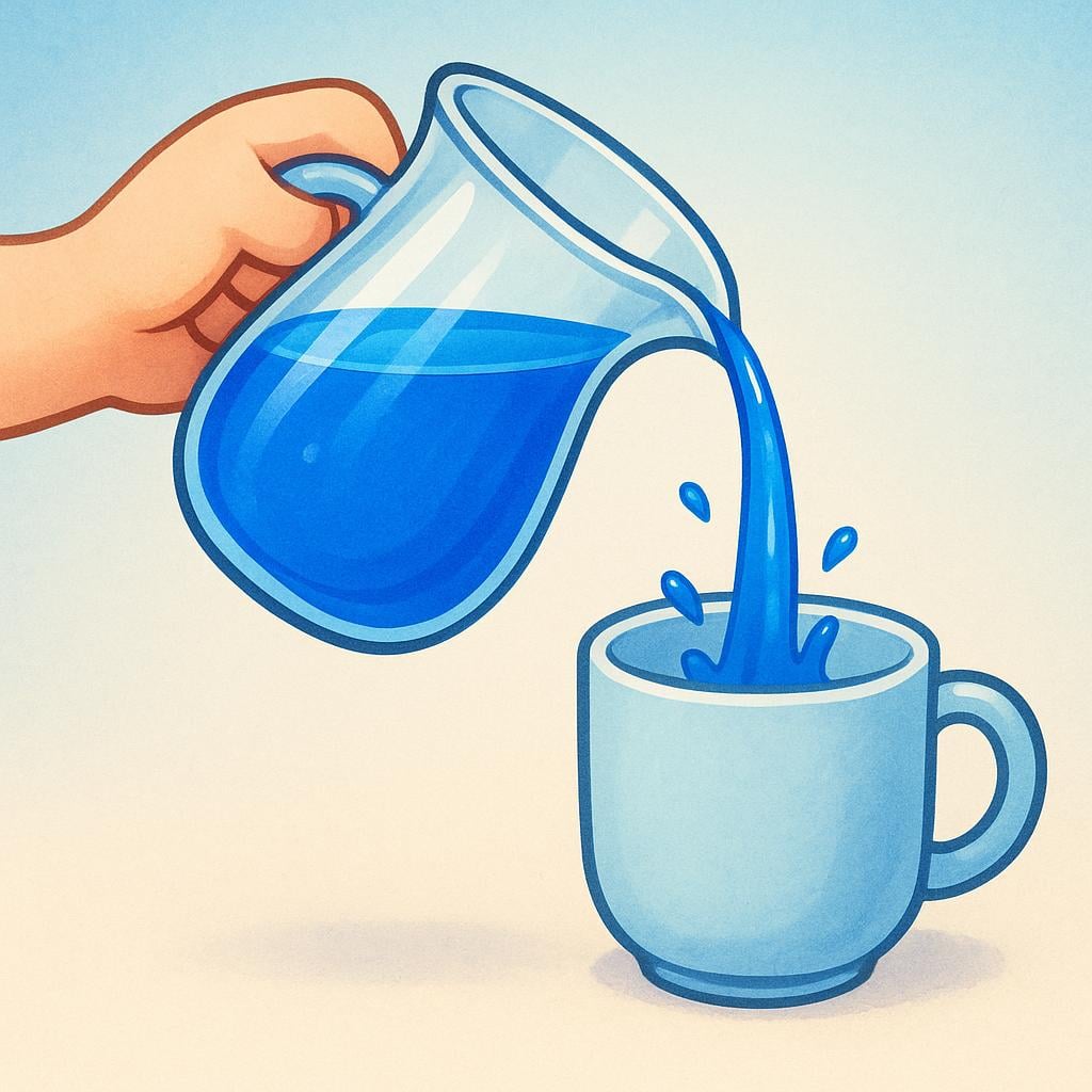 A hand pours bright blue liquid from a clear glass pitcher into a ceramic mug.