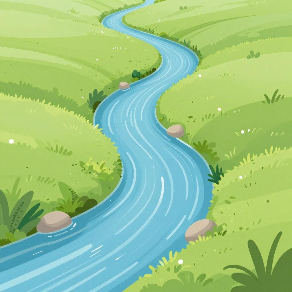 緑の牧草地を蛇行する穏やかな青い小川。