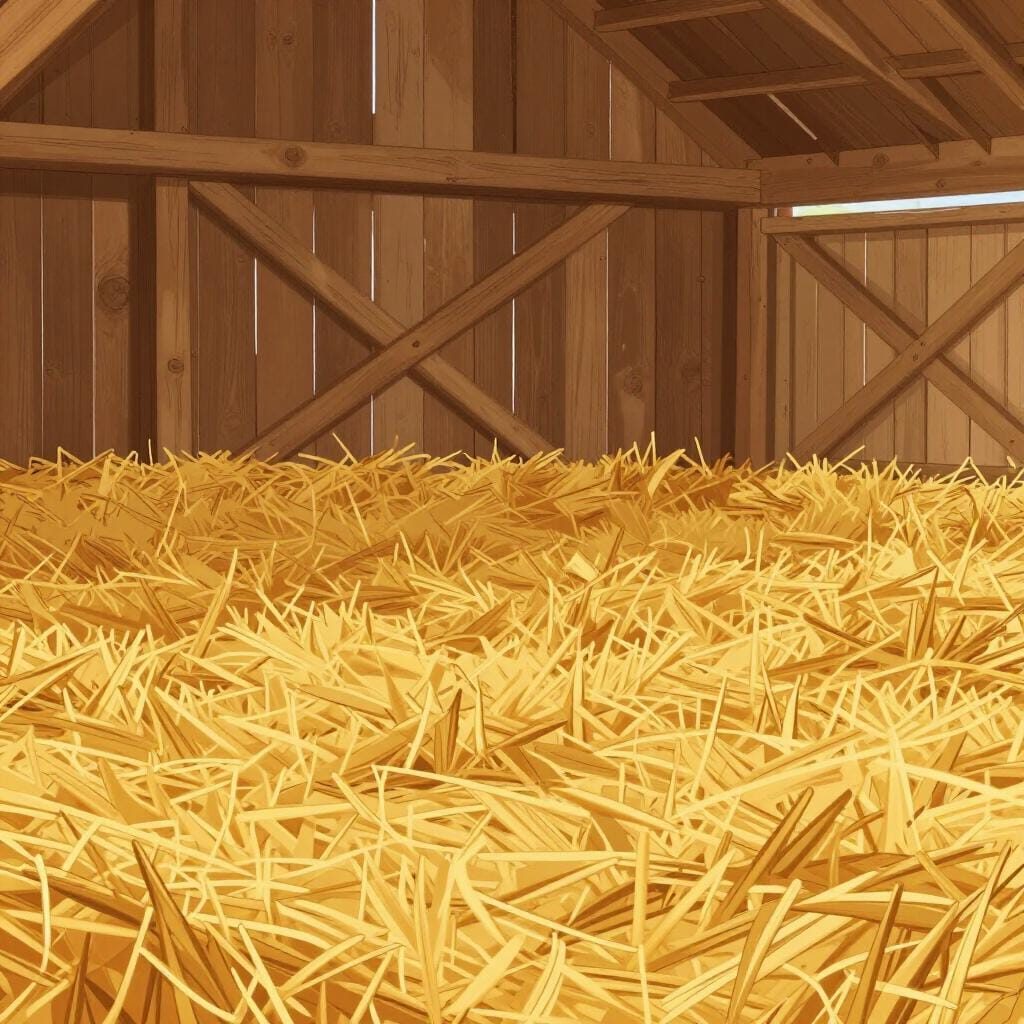 A thick layer of golden straw spread across the floor of a wooden barn.