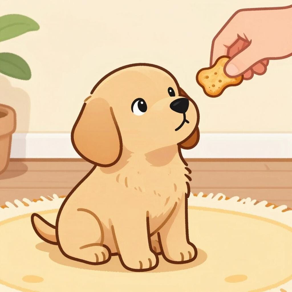 大きなくまのぬいぐるみを見つめる小さな子犬。