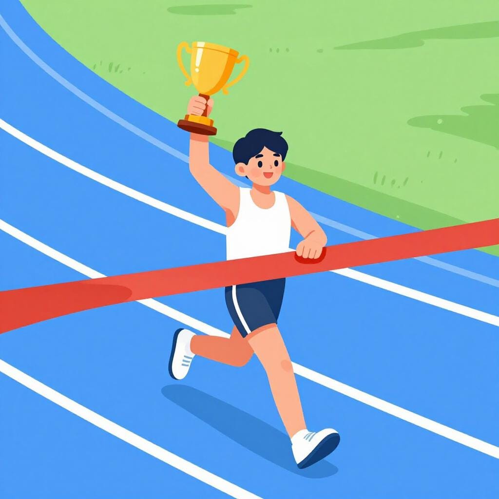 Een hardloper die een felrode finishlijn passeert met een grote gouden trofee op de achtergrond.