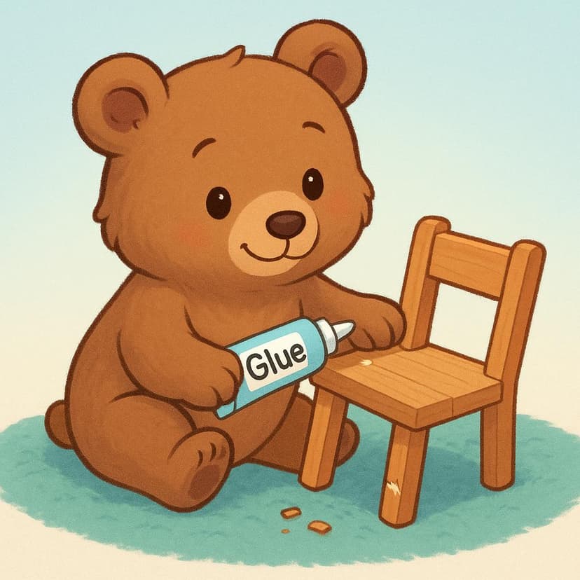 A friendly bear cub carefully holding a tube of glue, successfully reattaching the broken leg onto a small wooden toy chair, demonstrating repair.