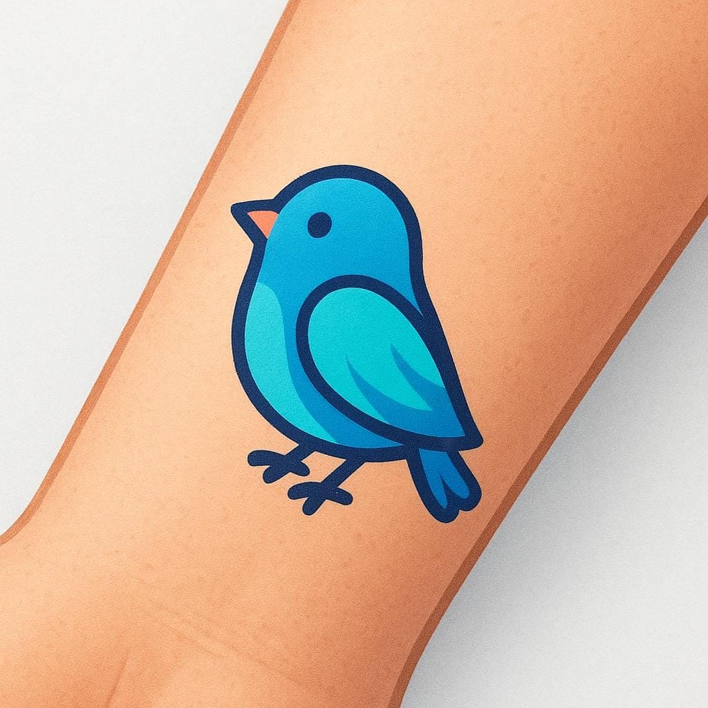 A close-up view of a human forearm featuring a simple, colorful storybook-style tattoo depicting a stylized blue bird.