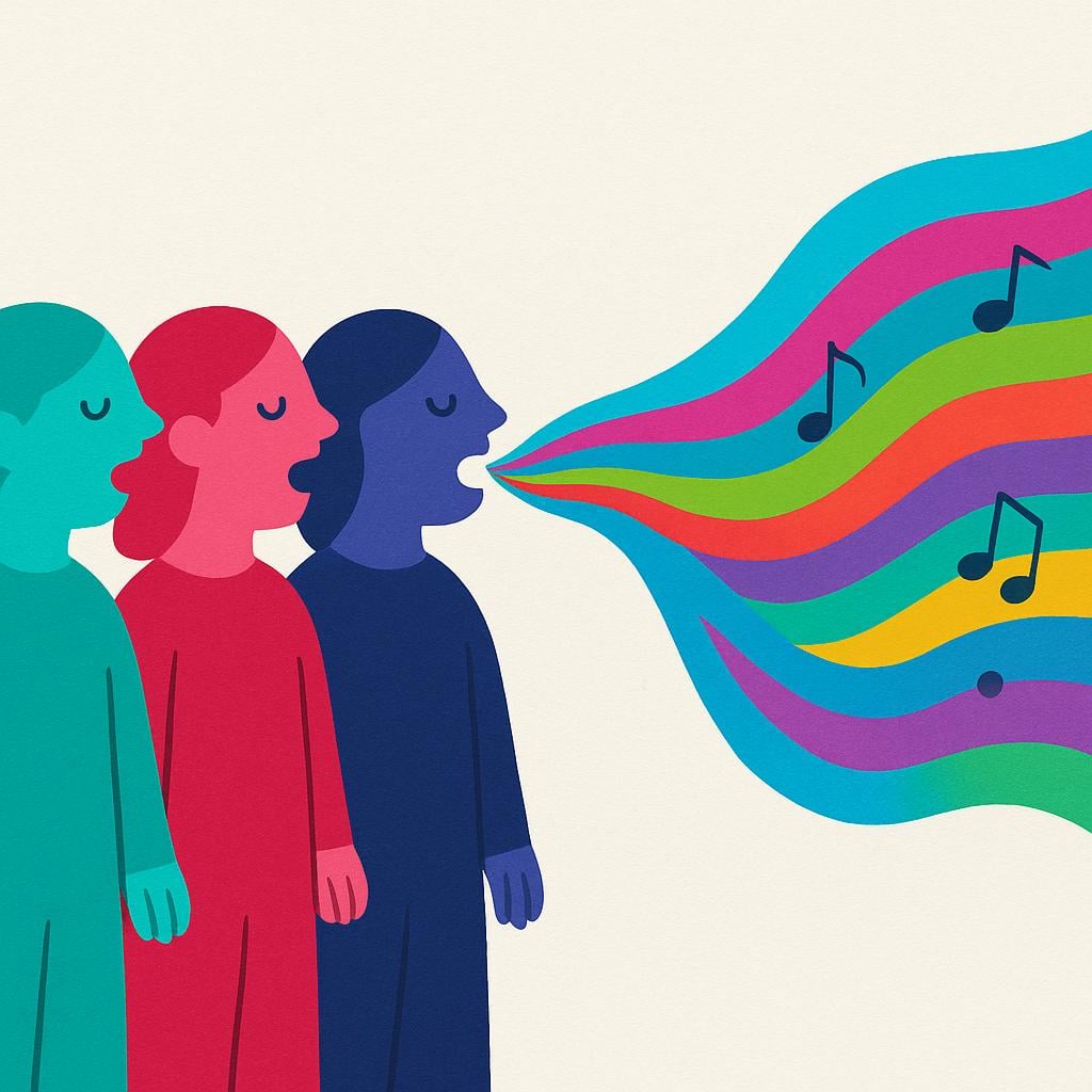 A colorful storybook illustration showing three stylized figures standing side-by-side with open mouths, projecting a single, unified stream of colorful sound waves, symbolizing a collective statement or wish.
