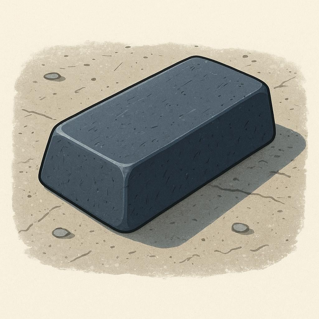 A heavy, dark gray rectangular block of raw metallic iron resting on a stone surface.
