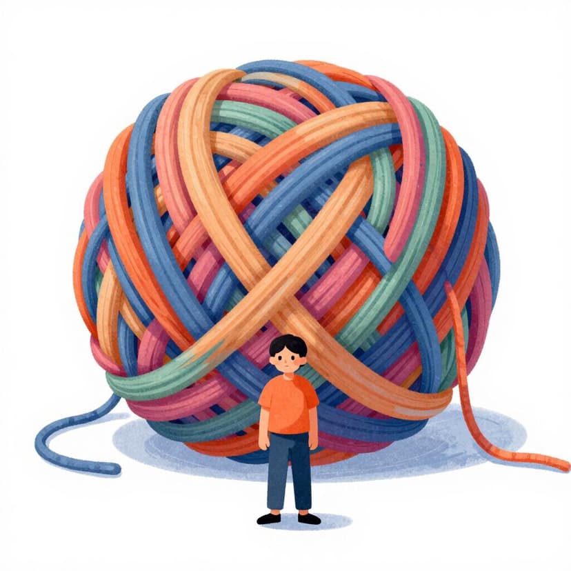 A simple drawing of a person trying to untangle a massive, messy knot of colorful yarn.