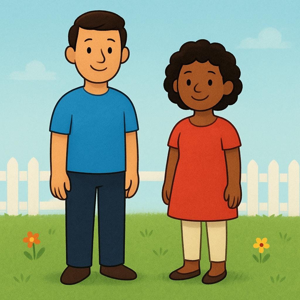 Two friendly, simply drawn figures standing side-by-side on a lawn, representing neighbors or fellow human beings.