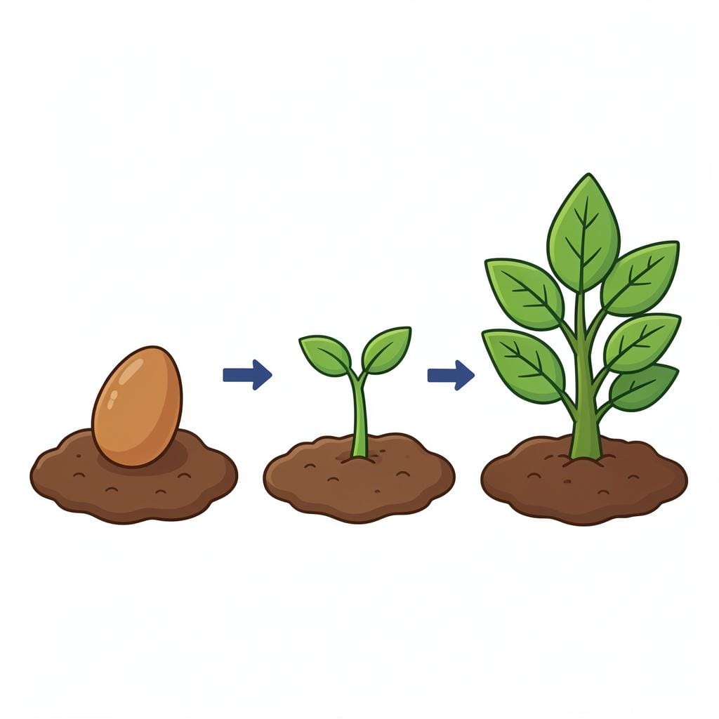 A sequence of steps showing a seed growing into a sprout and then a small plant.