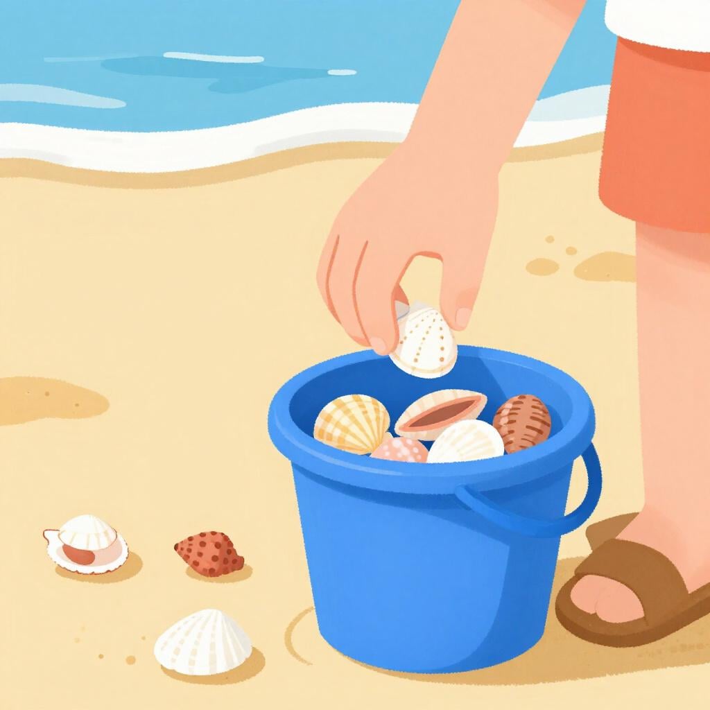 A person walking along a beach picking up colorful seashells and putting them into a small bucket.