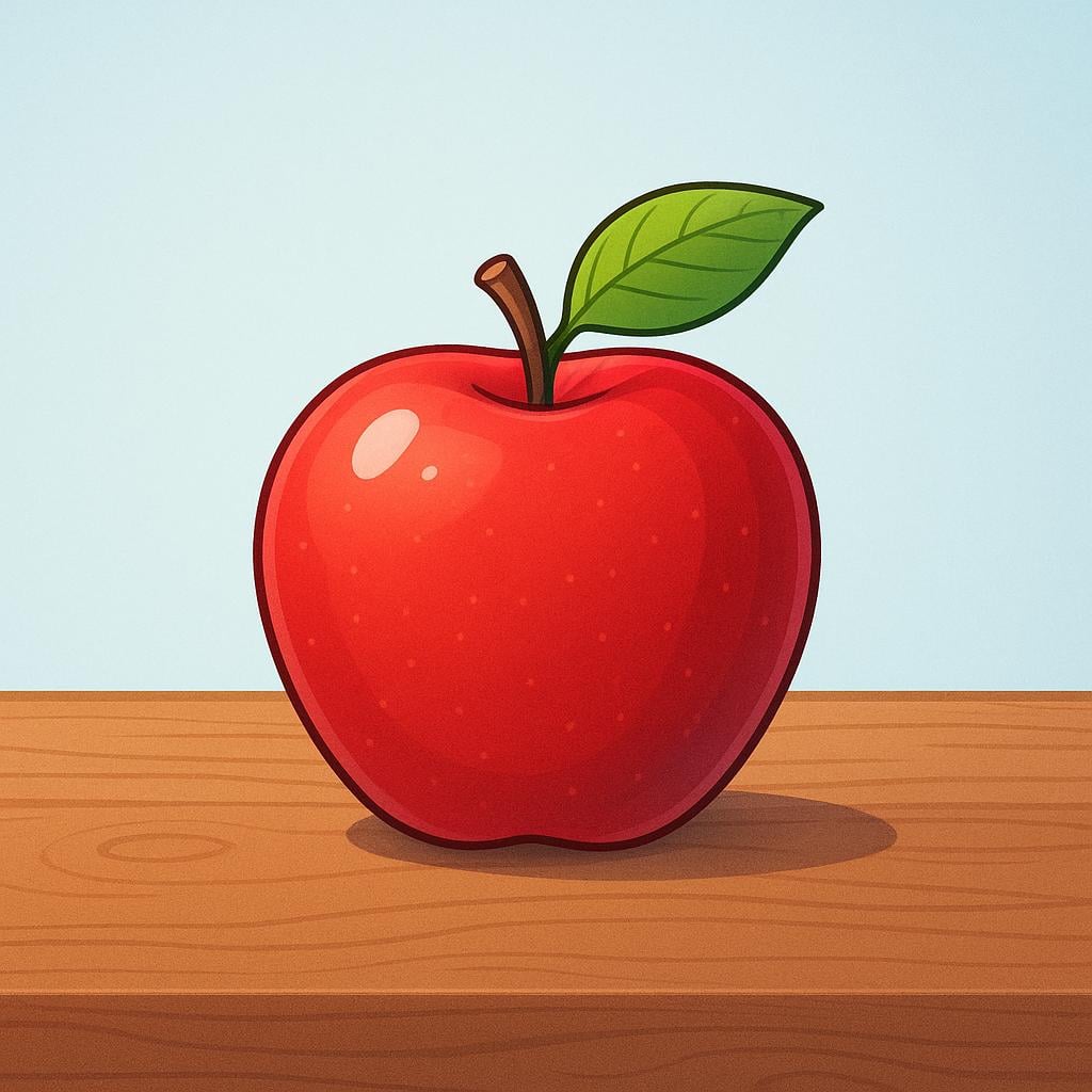 A single, perfectly ripe red apple resting on a smooth wooden surface, illuminated by natural light.