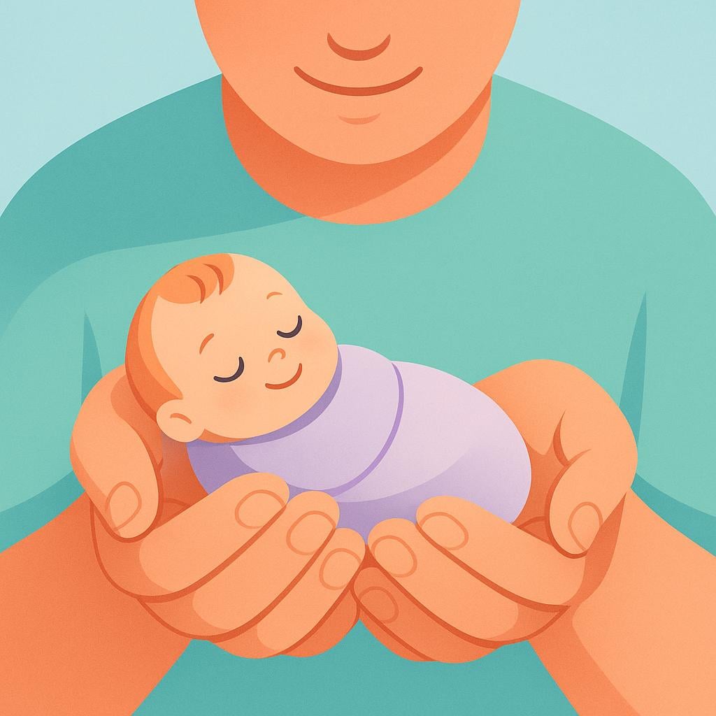 A joyful illustration of an adult holding a small baby up gently, representing the act of naming or identification.
