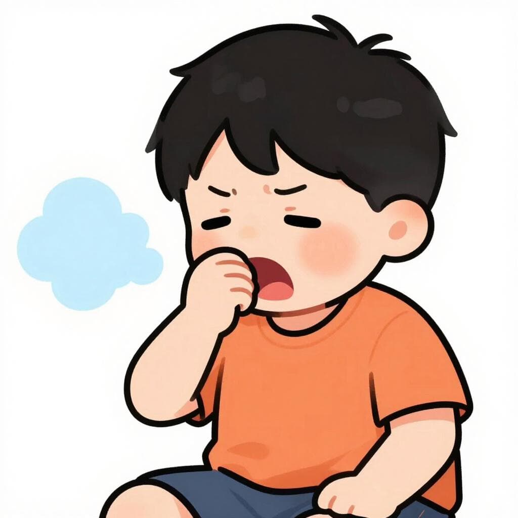 A child covering their mouth with their hand while coughing, with soft blue puffs of air to show the action.