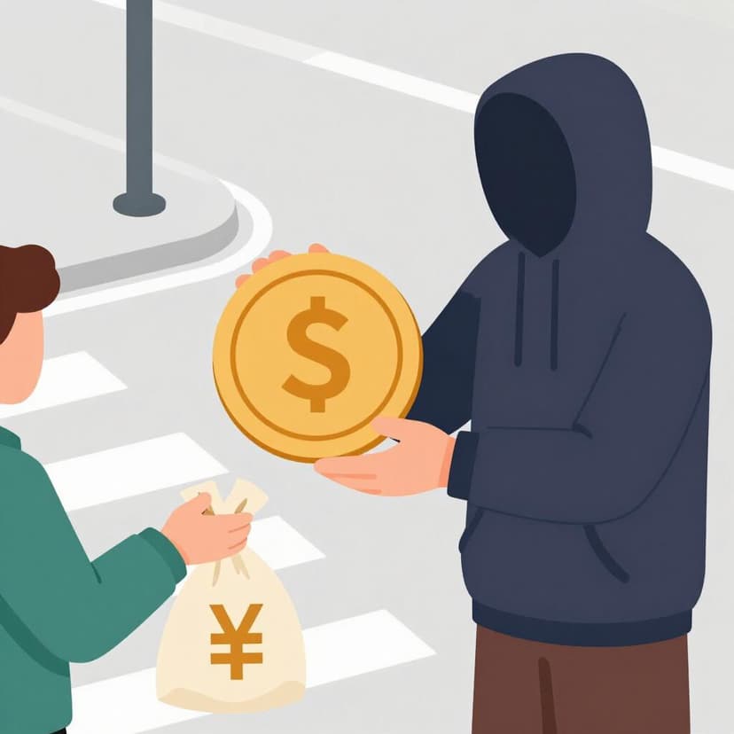 A suspicious person in a dark hoodie handing a fake gold coin to an unsuspecting person in exchange for a bag of money.
