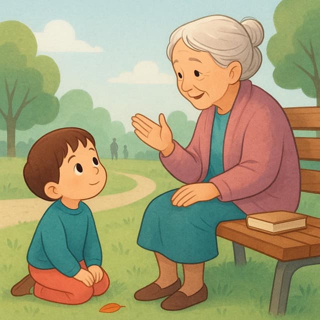 Een jong kind luistert aandachtig en respectvol naar een oudere vrouw die spreekt op een parkbankje.