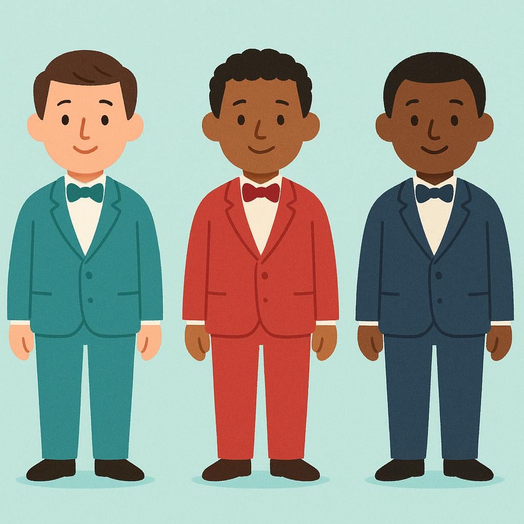 Three simplified figures of men wearing formal attire, such as suits and bow ties, standing side by side.