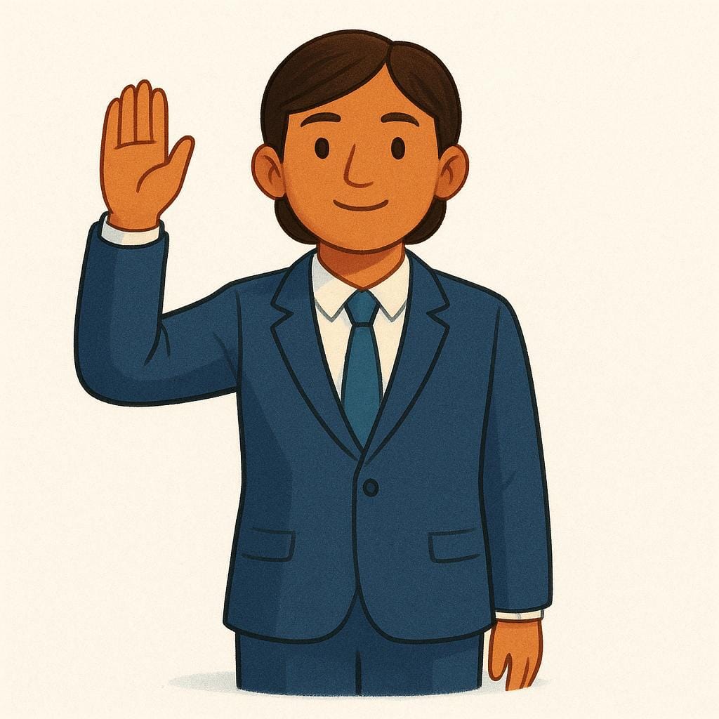 A colorful illustration showing a person standing and formally raising their right hand in the air, symbolizing being sworn in or taking an oath.