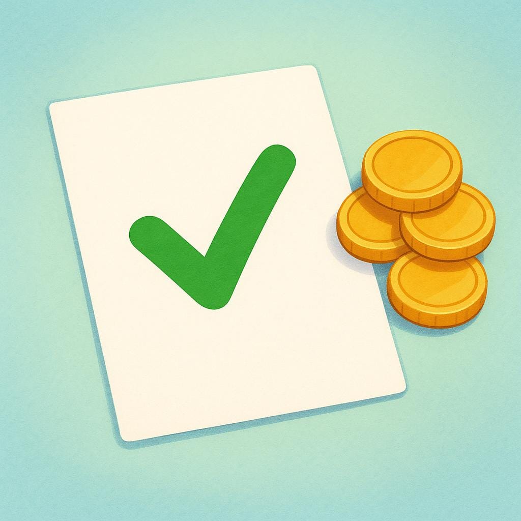 A white sheet of paper, symbolizing a bill, with a large, vibrant green checkmark stamped clearly on its surface, indicating payment completion. A small stack of gold coins sits beside the paper.