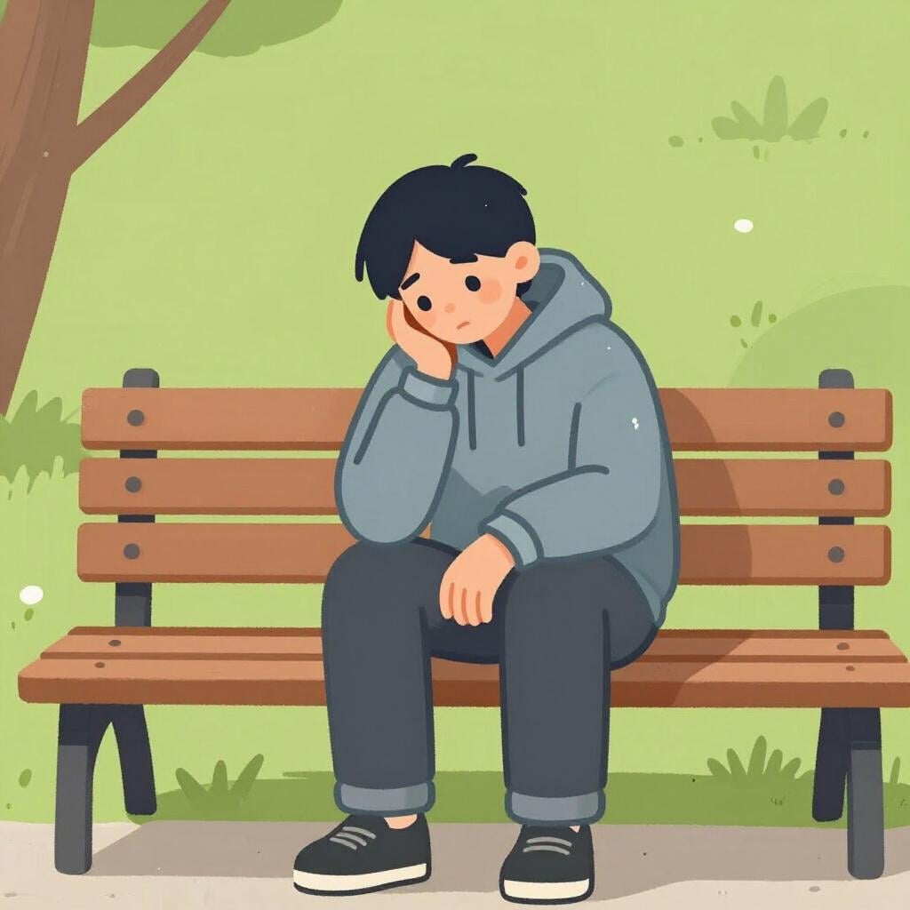 Een persoon die op een parkbank zit en er erg moe en ziek uitziet, met wallen onder de ogen, die zijn armen omklemt.