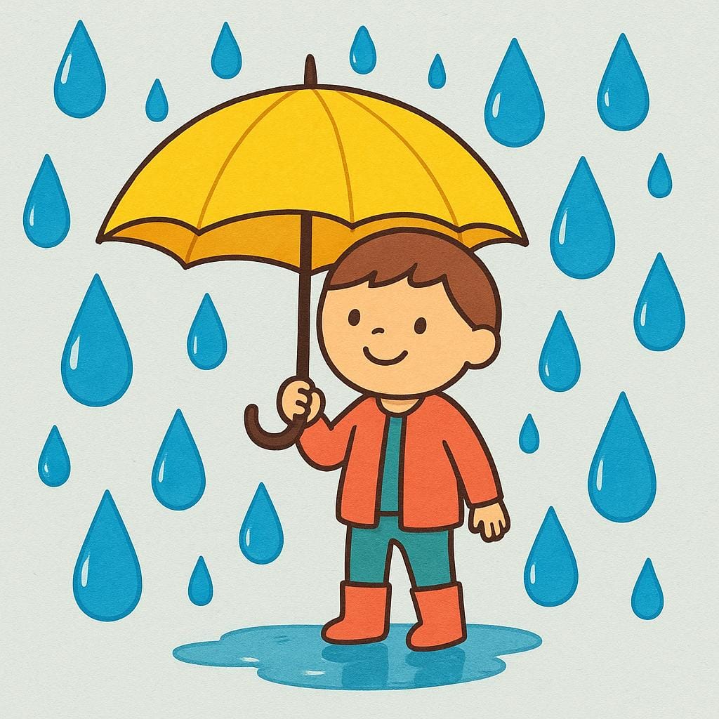 A smiling figure wearing a raincoat standing happily under a bright yellow umbrella while large blue raindrops fall heavily around them.