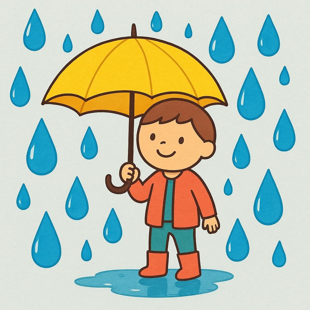 A smiling figure wearing a raincoat standing happily under a bright yellow umbrella while large blue raindrops fall heavily around them.