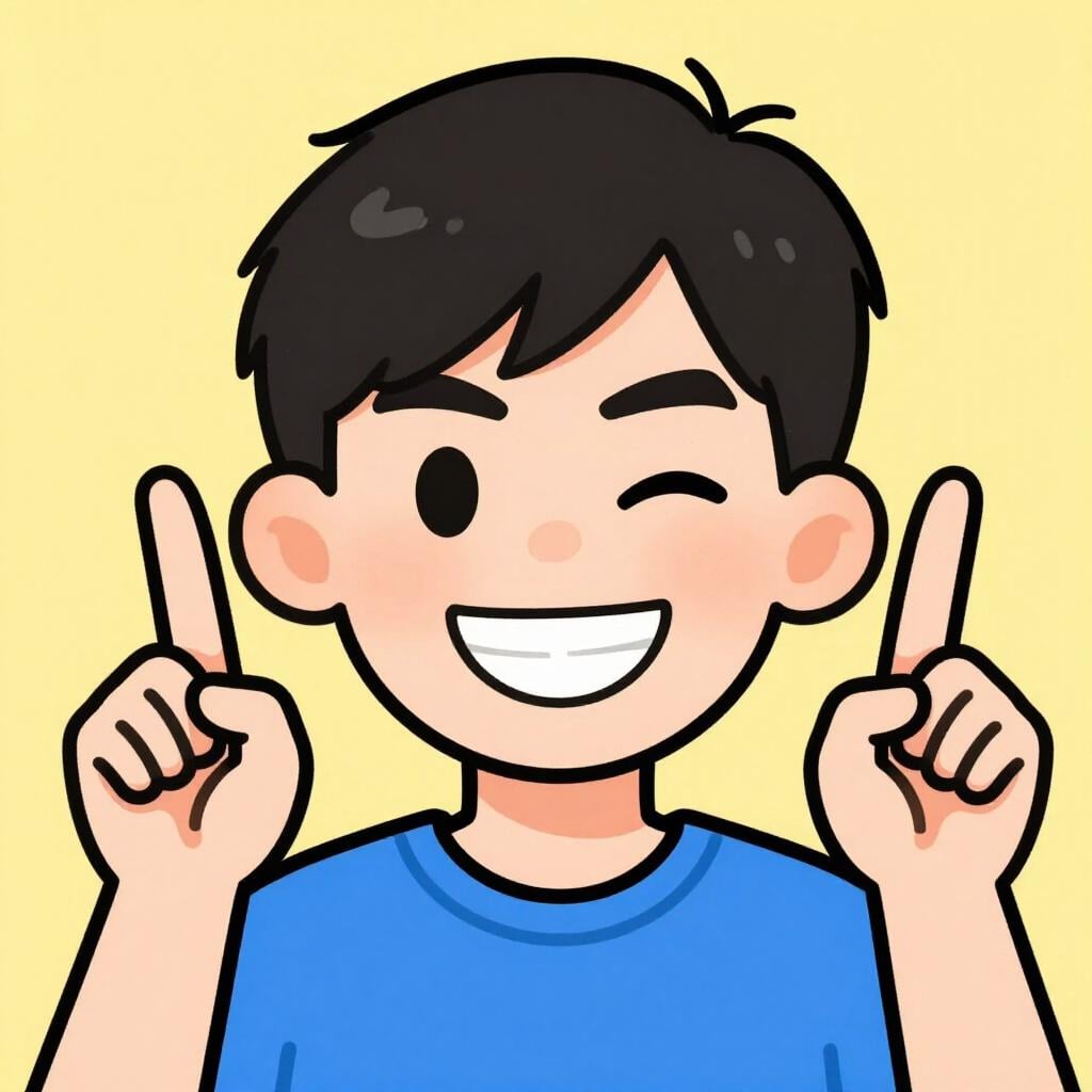 A person with a playful expression winking and crossing their fingers behind their back.