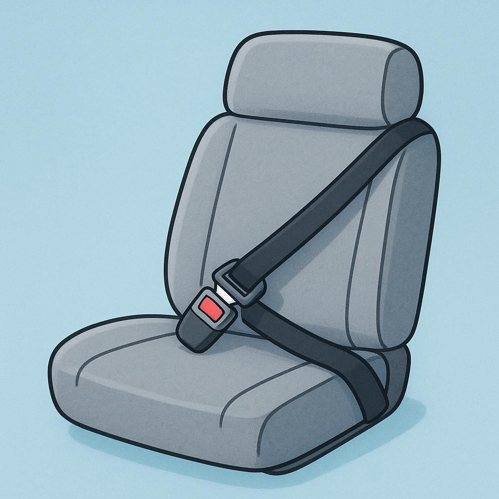 An illustration of a gray seat in a vehicle with a black safety strap fastened across it.