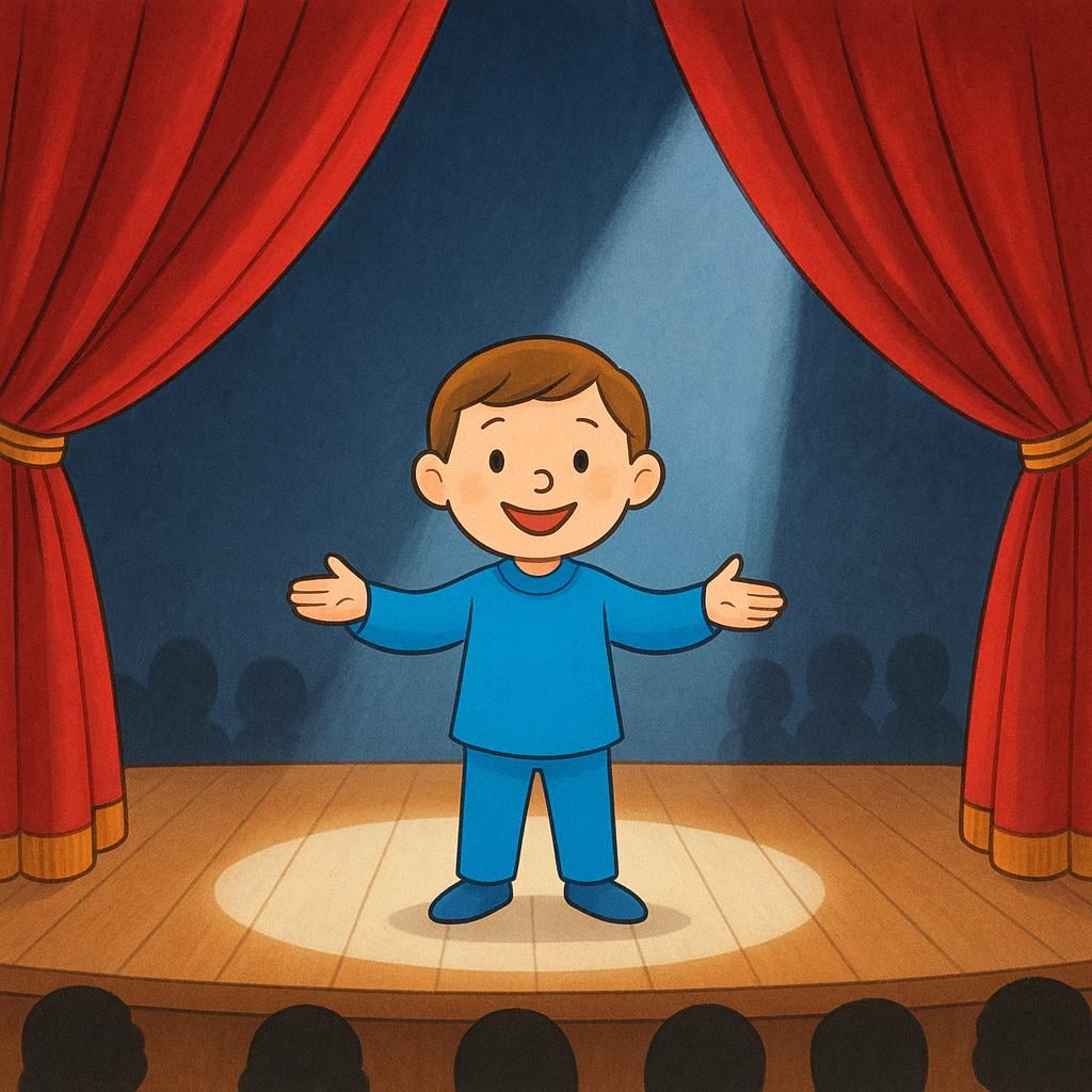 A colorful illustration of a theater stage with heavy red velvet curtains open, revealing a single performer standing in a spotlight.