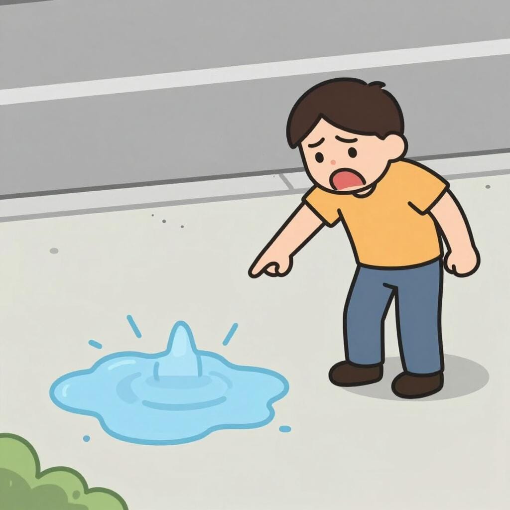 A small puddle of water on the ground with a person pointing at it and reacting with extreme shock as if it were a giant ocean.