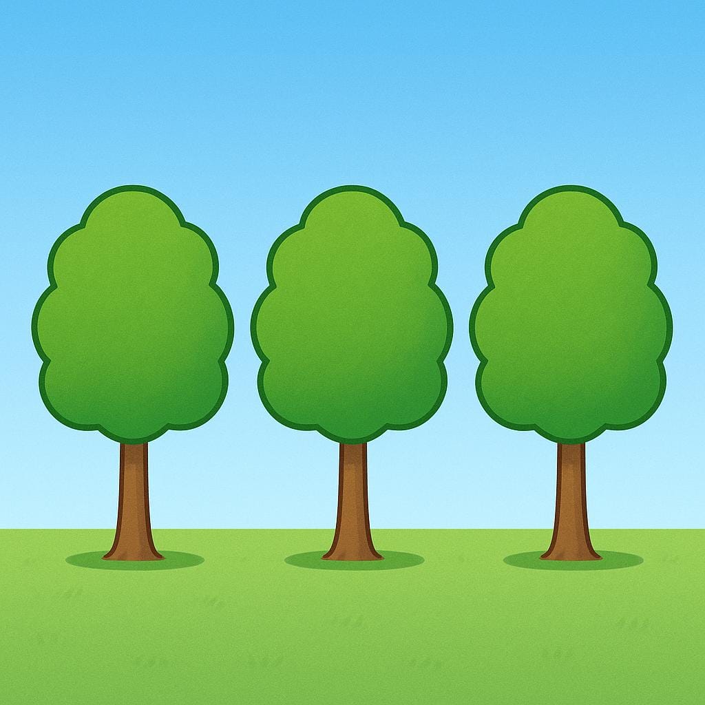 Een kleurrijke kinderboekillustratie met drie perfect identieke groene bomen die in een rechte, ordelijke lijn op vlak, goed onderhouden gras staan onder een helderblauwe hemel, wat routine en verwachte orde symboliseert.