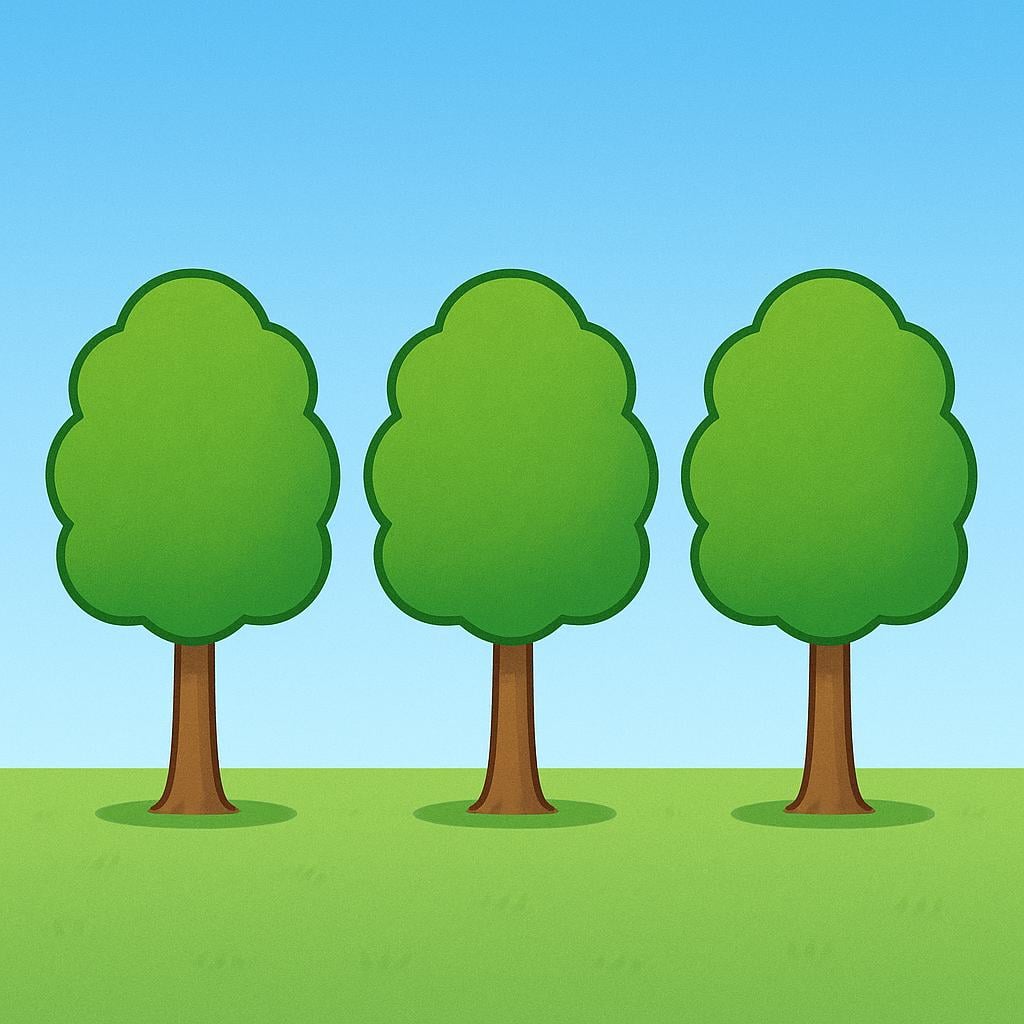 A colorful storybook illustration showing three perfectly identical green trees standing in a straight, orderly line on flat, well-maintained grassy ground under a clear blue sky, symbolizing routine and expected order.