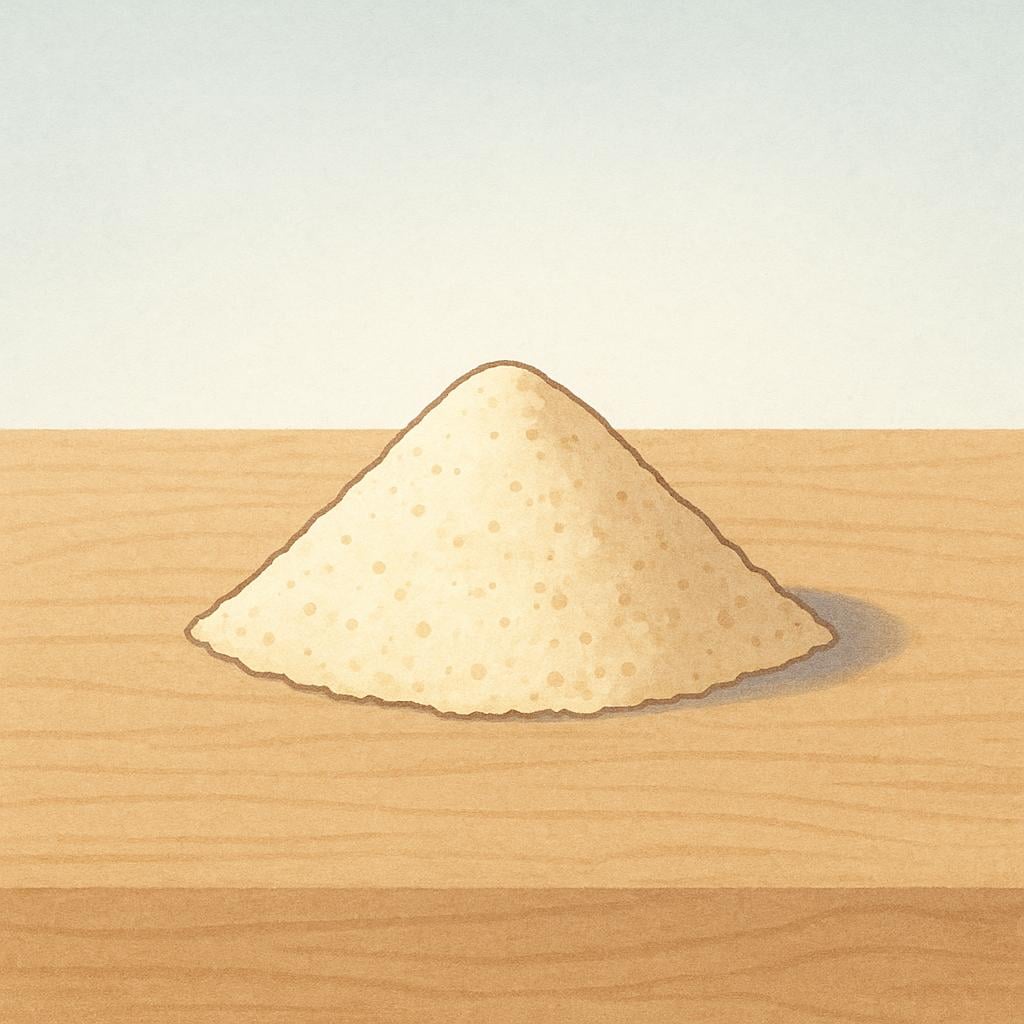 A simple illustration showing a small heap of light beige powder resting on a clean wooden table.