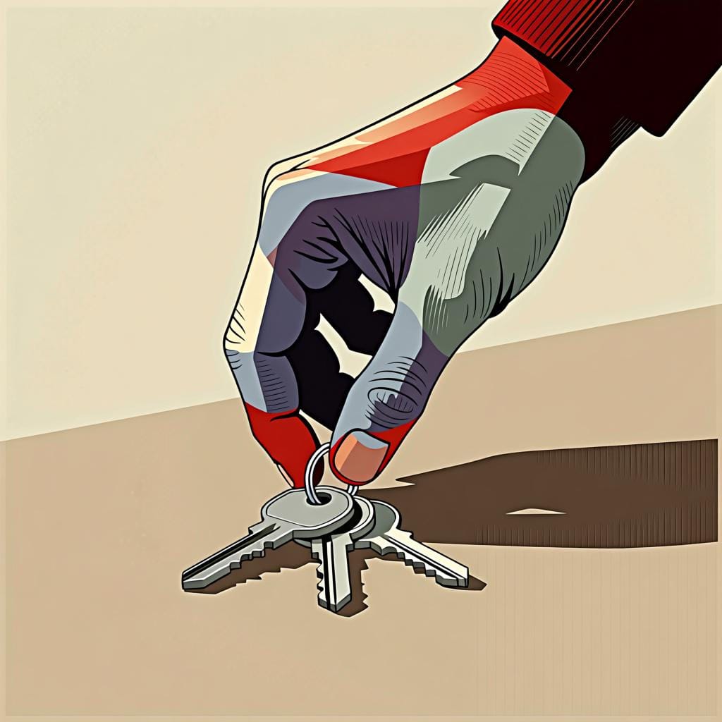 A hand reaching down and grasping a small set of silver keys lying on a neutral flat surface.